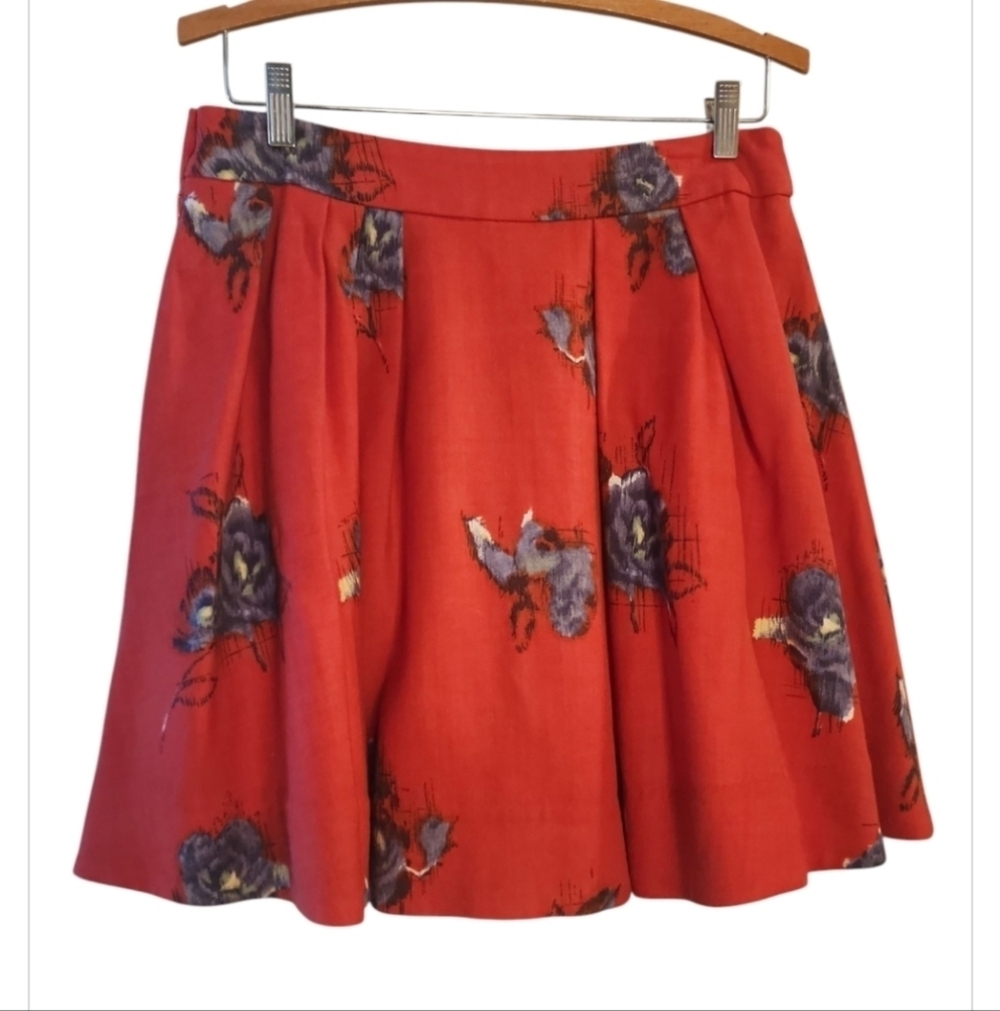 Anthropologie Odille Mini Skirt Red Wool Fully Lined Sz 4 Floral Coquette Prep - Picture 2 of 7